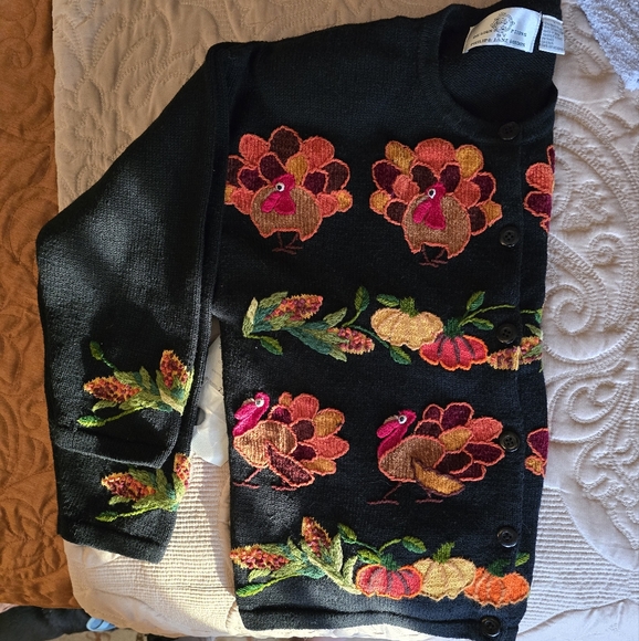 Holiday Black Turkey and Pumpkins Cardigan Sweater - Picture 2 of 10